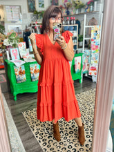 Load image into Gallery viewer, V-Neck Tiered Ruffle Dress in Orange