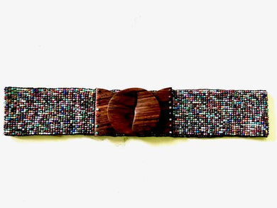 Hand loomed seed bead belt wood scroll in super metallic mix