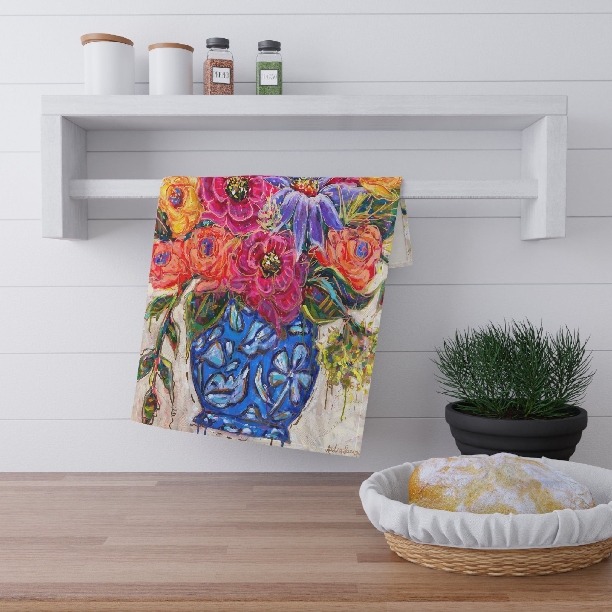 Blue Vase Floral Tea Towel