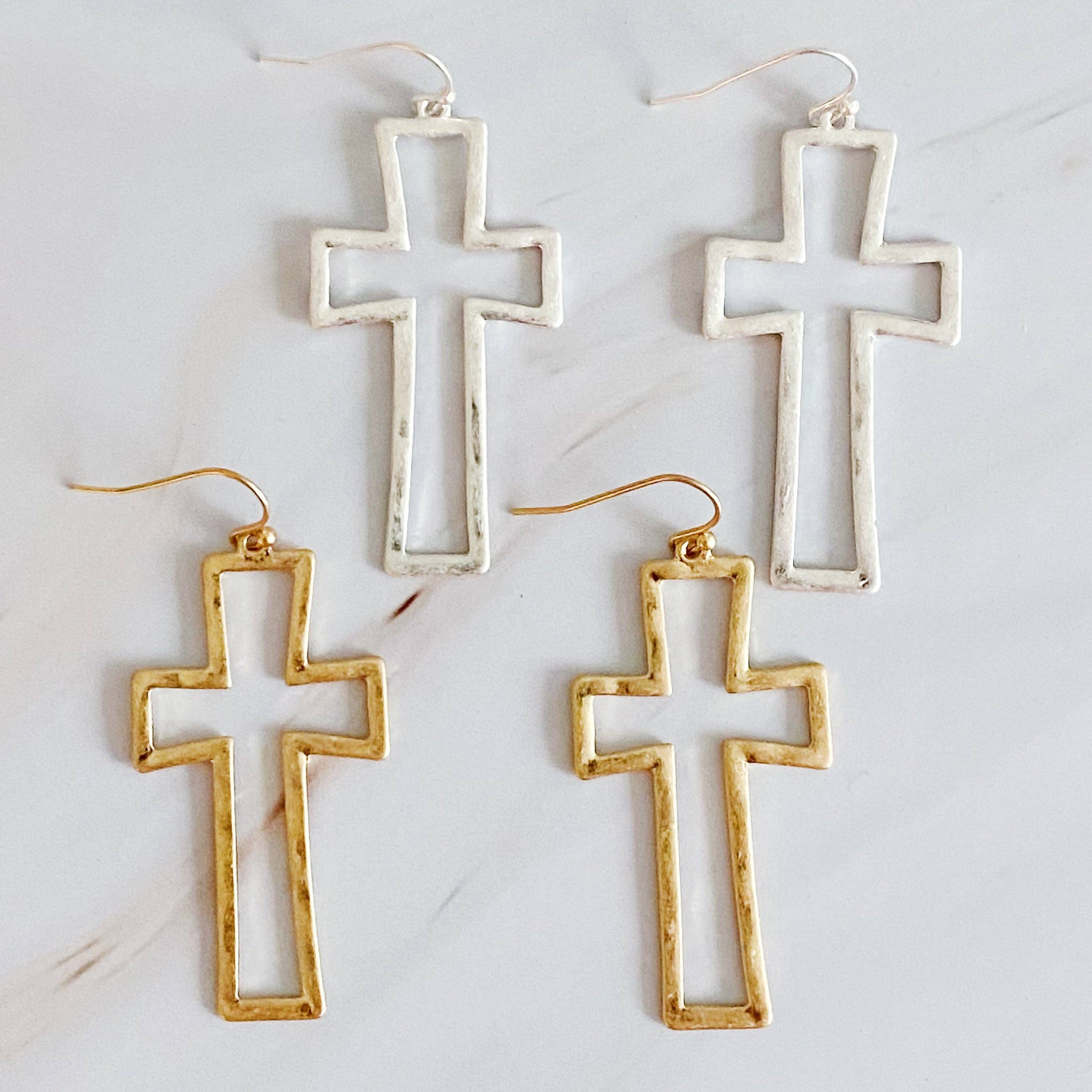 Dangle Cross Outlined Earrings: Silver