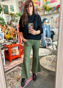 Olive Green Cropped Flare Leg Pants
