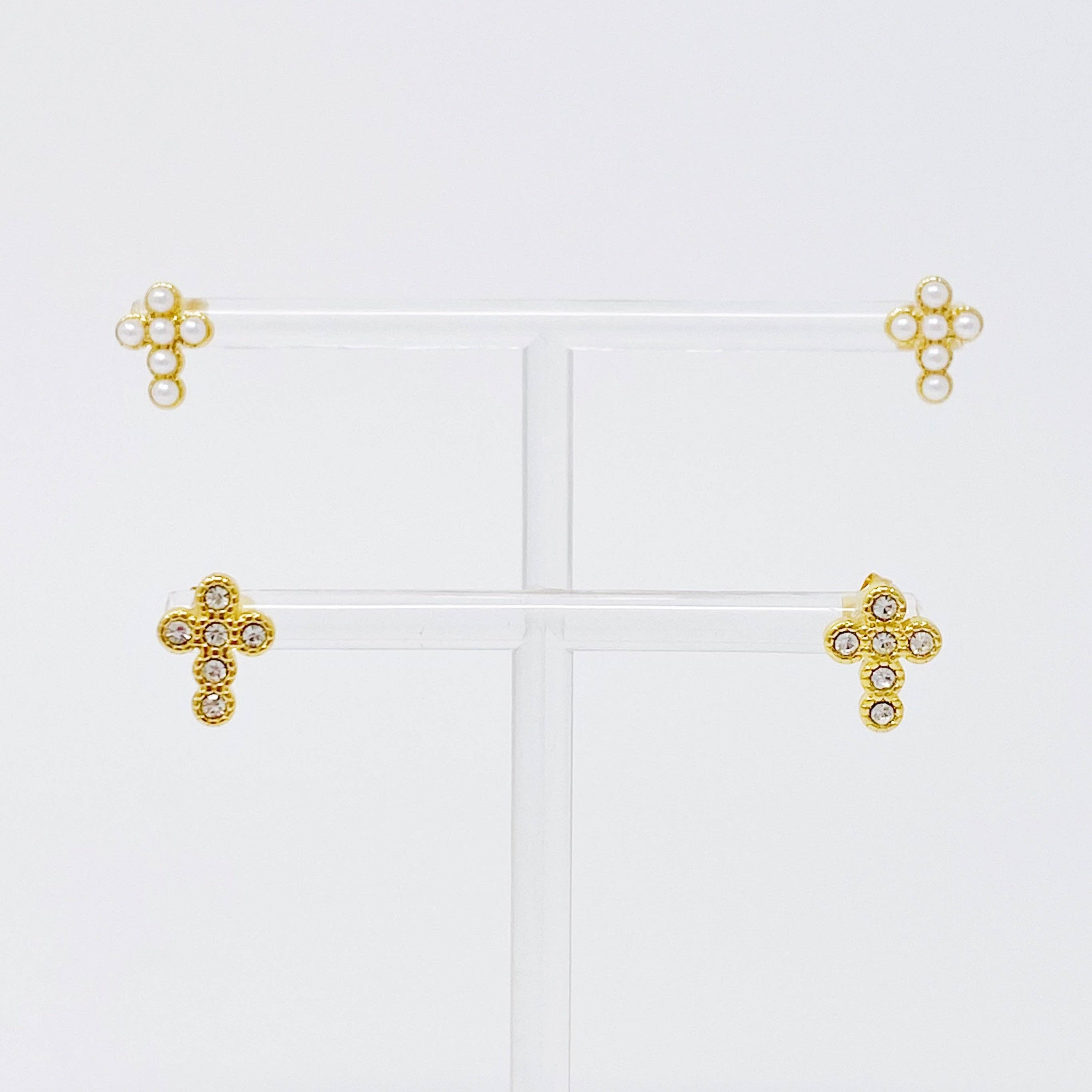 Dainty Cross Stud Earrings: Clear Crystal