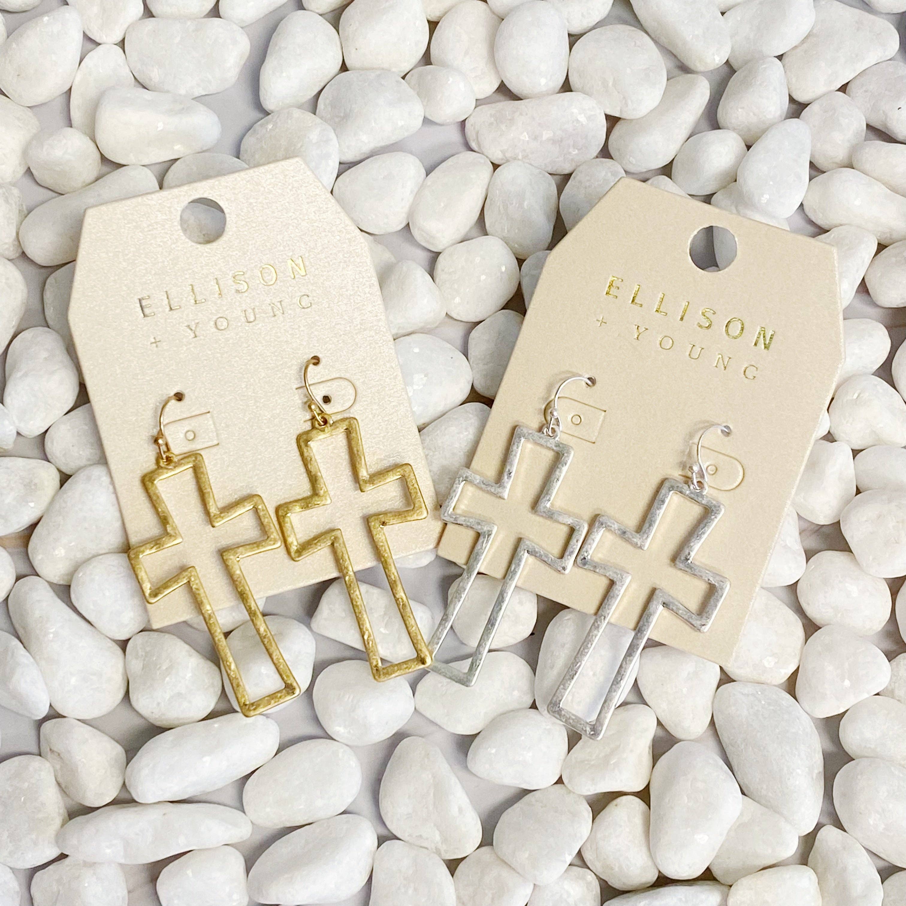 Dangle Cross Outlined Earrings: Gold