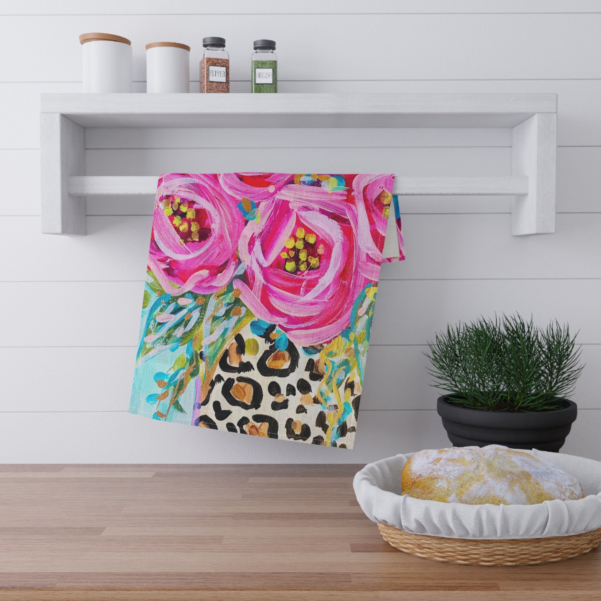 Roses Leopard Vase Tea Towel