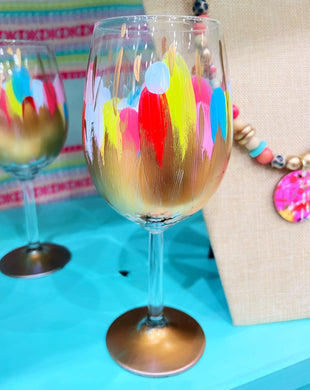 Bright Colorful Brushstrokes and Gold Abstract Large Wine Glass