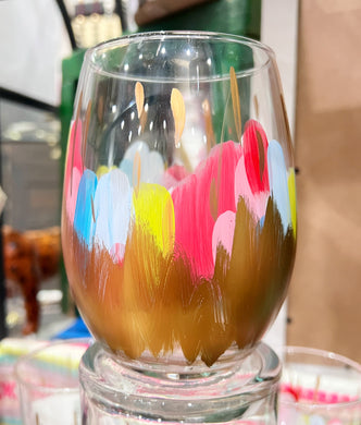 Bright Colorful Brushstrokes and Gold Abstract Stemless Wine Glass