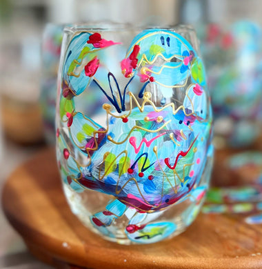 Hand Painted Crab Abstract and Gold Stemless Wine Glass