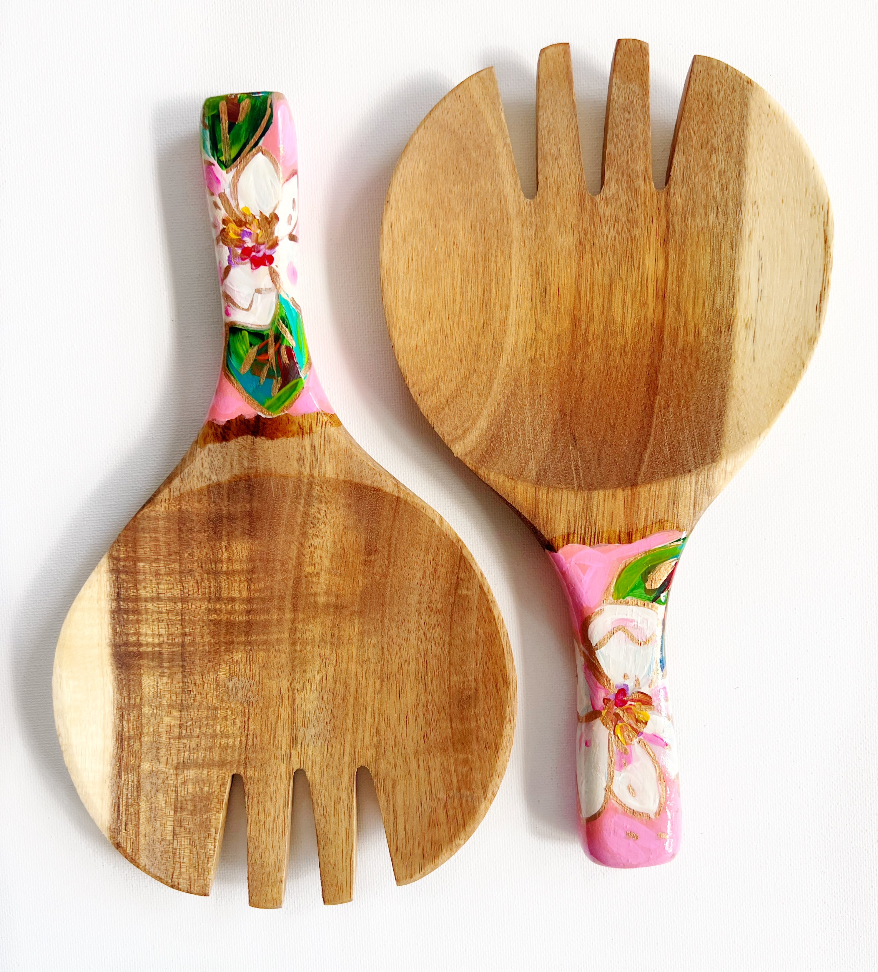 Hand-Painted Wooden Salad Tossers - Magnolias