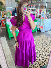 Load image into Gallery viewer, V-Neck Bubble Sleeve Tiered Midi Ruffle Dress in Violet