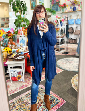Draped Open Front Cardigan Sweater with Pockets - Navy