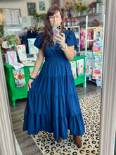 Load image into Gallery viewer, V-Neck Bubble Sleeve Tiered Midi Ruffle Dress in Navy
