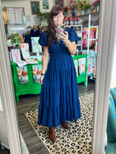 Load image into Gallery viewer, V-Neck Bubble Sleeve Tiered Midi Ruffle Dress in Navy