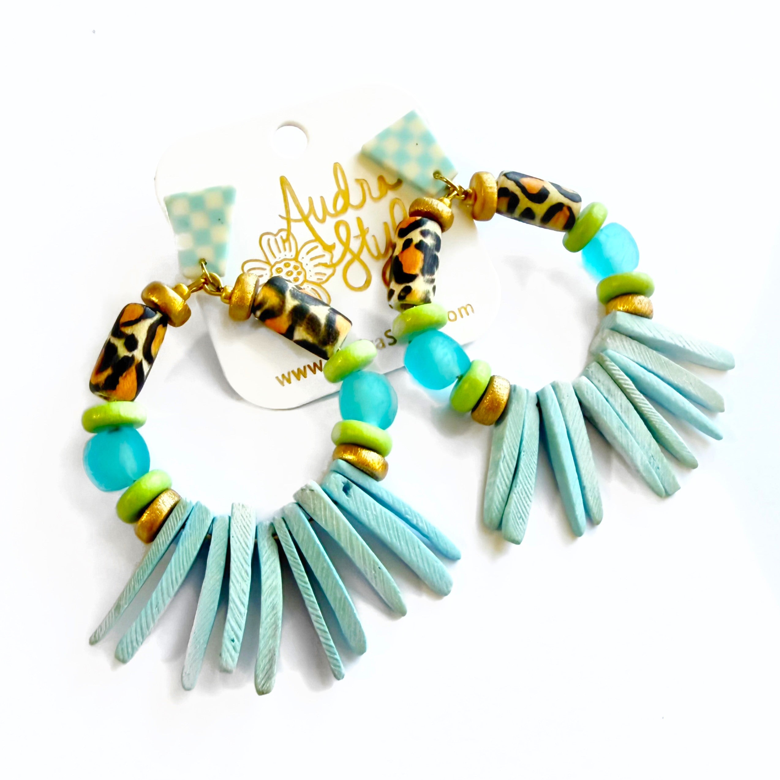 Heidi - Lime Blue Coconut Spike Leopard Print Statement Earrings