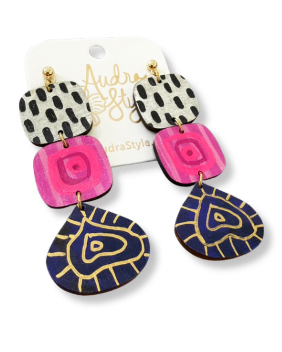 Hand Painted Black Pink and Navy Folk Art Dangle Earrings