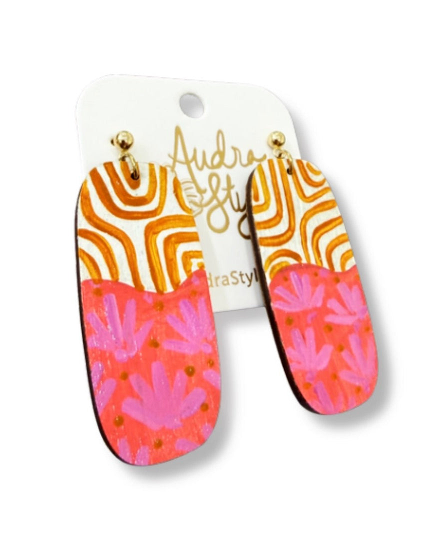 Hand Painted Mustard and Pink Pattern Mixed Earring