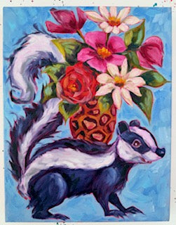 Skunk and Floral Original Oil Painting | Whimsical Home Decor Art