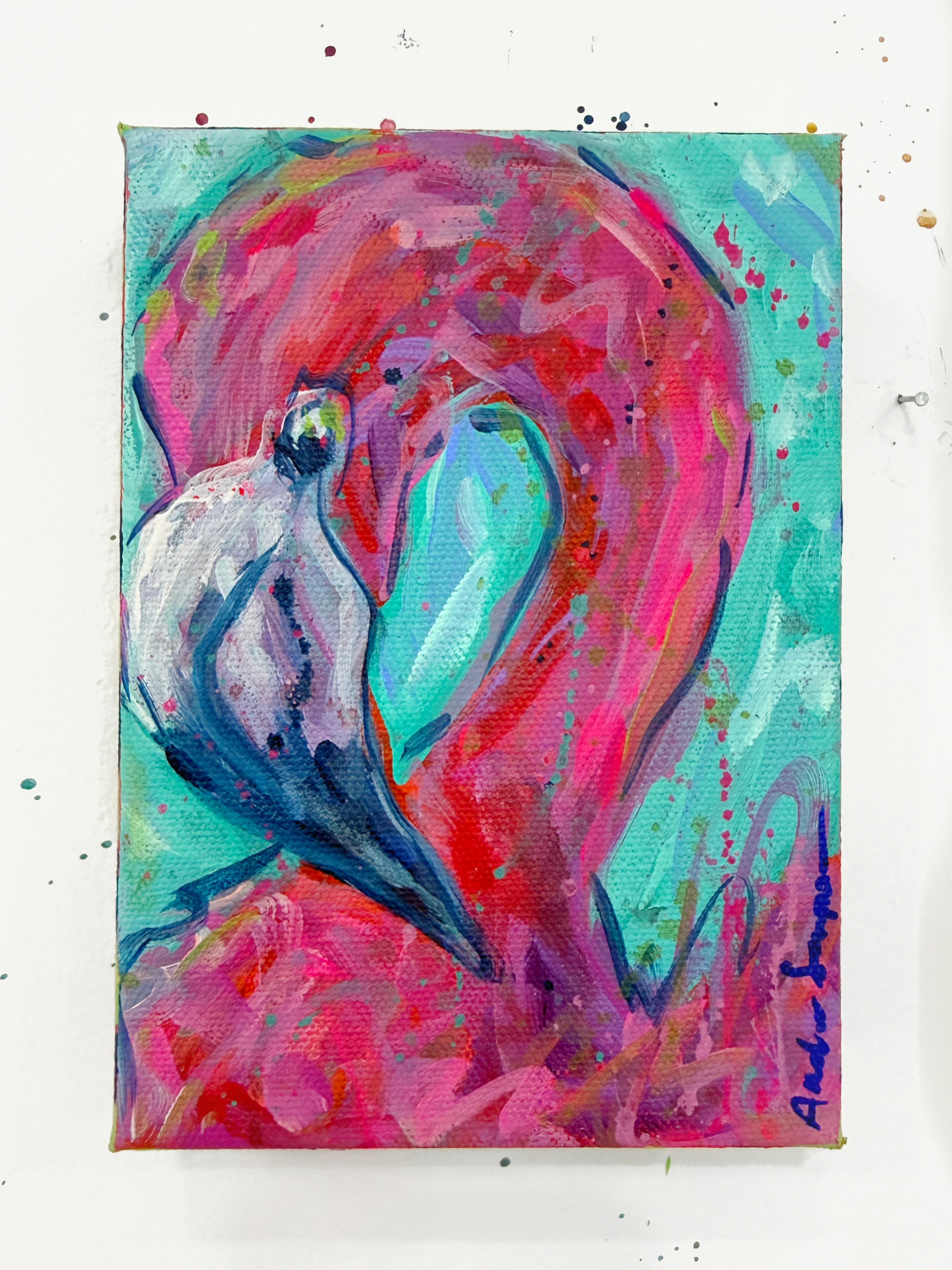 Flamingo No. 4 Original Whimsical 5x7 Painting on Canvas