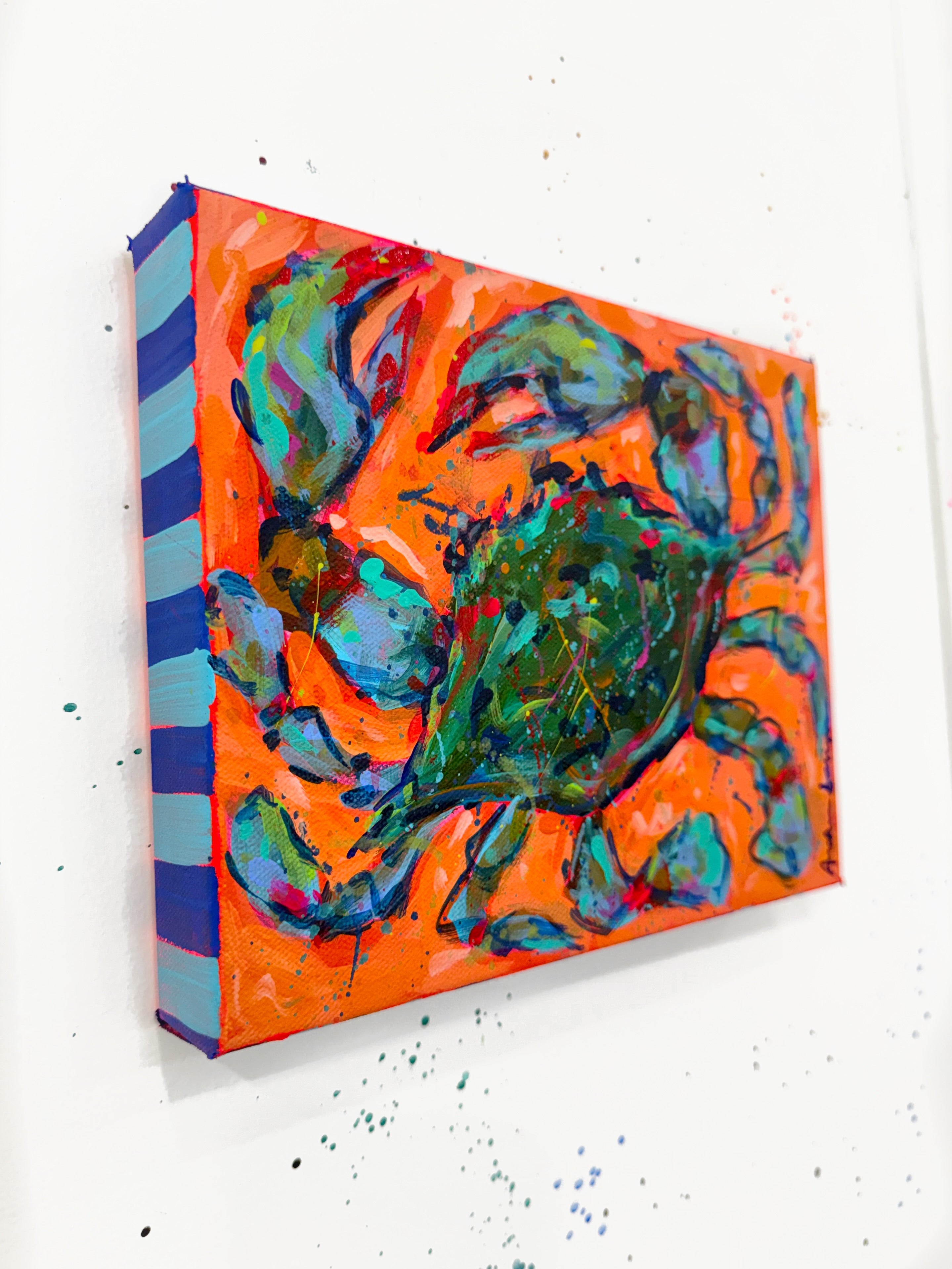 Blue Crab on Orange Original Whimsical 8x10 Painting on Canvas
