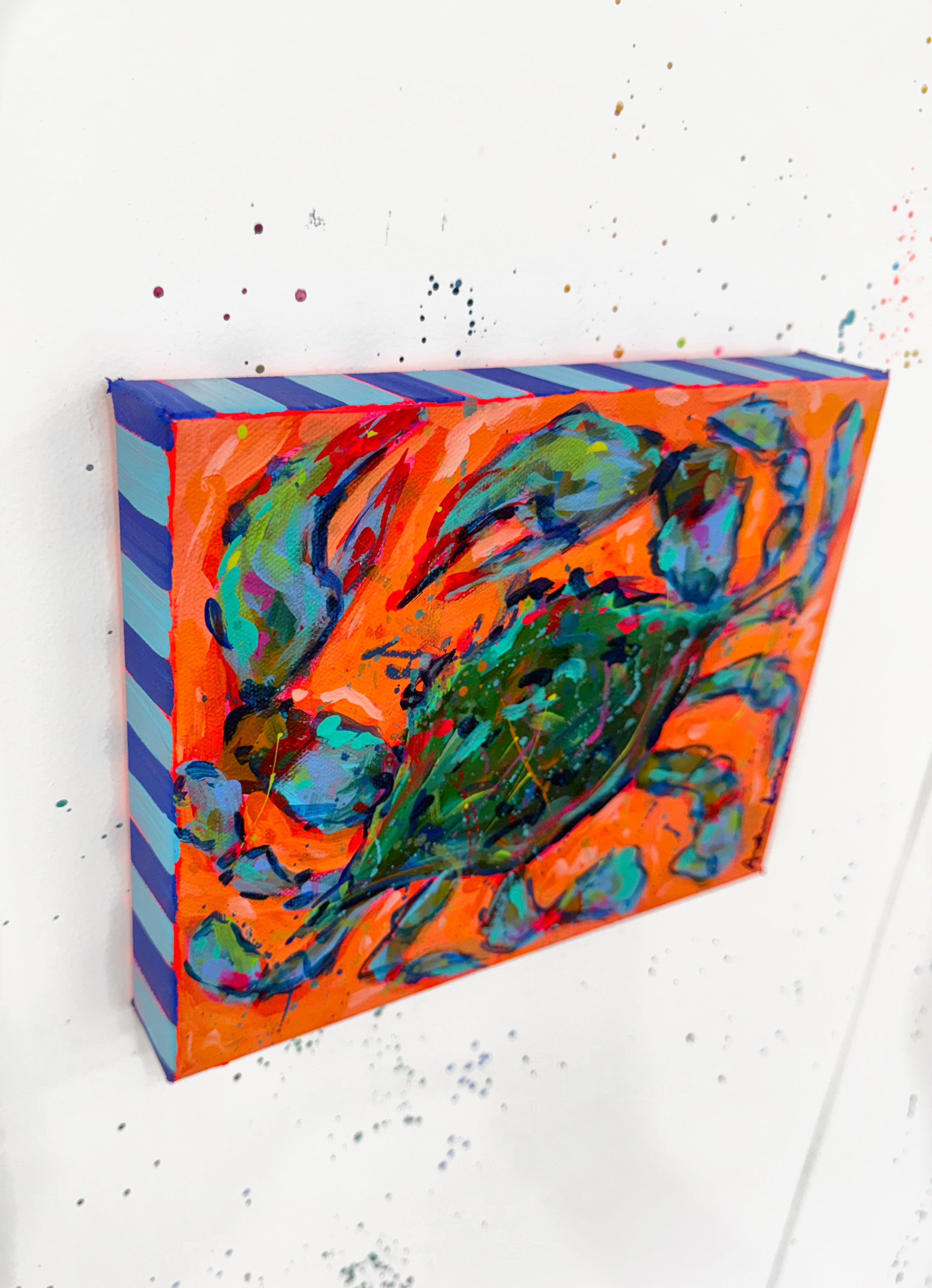Blue Crab on Orange Original Whimsical 8x10 Painting on Canvas