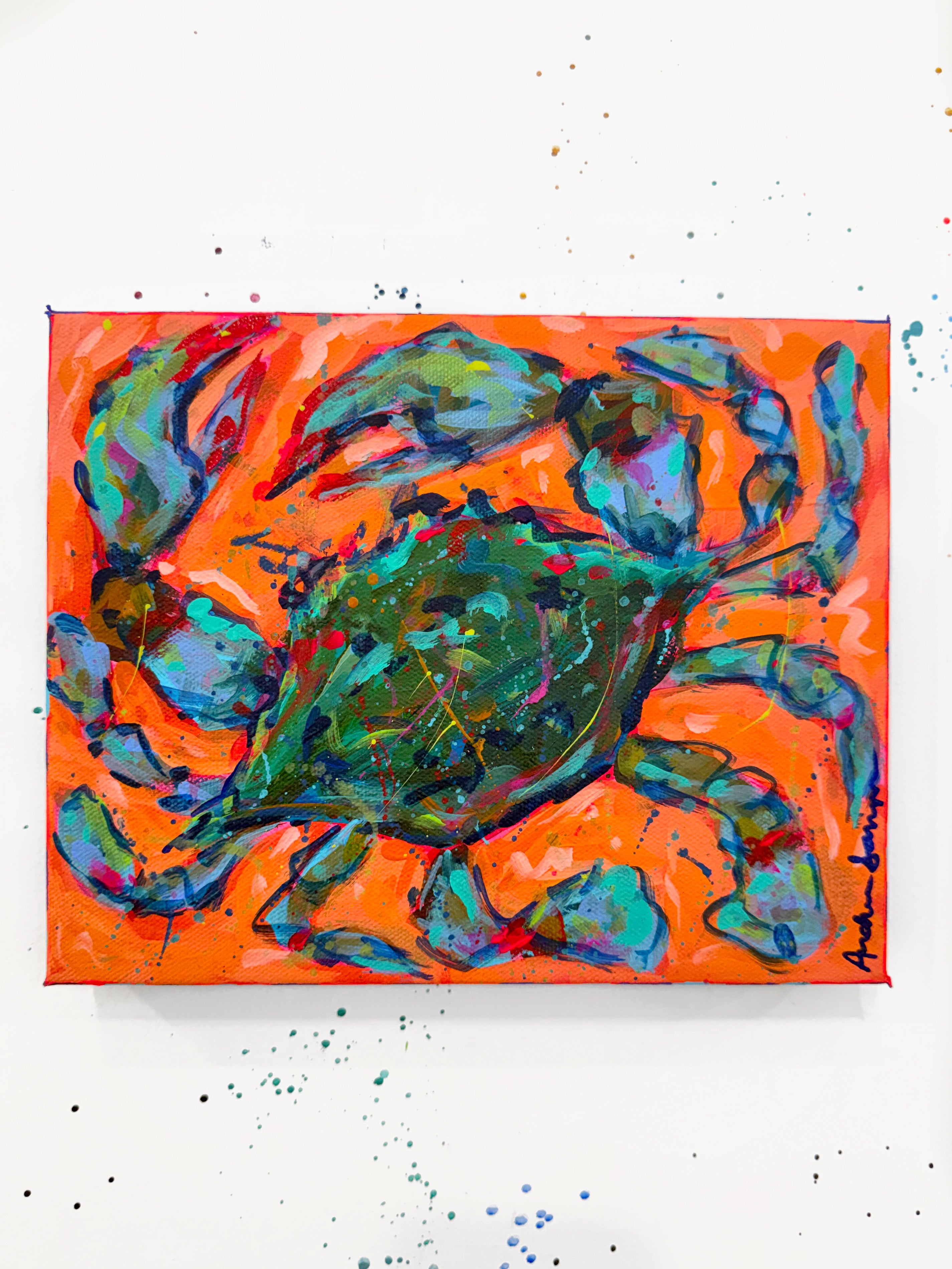 Blue Crab on Orange Original Whimsical 8x10 Painting on Canvas