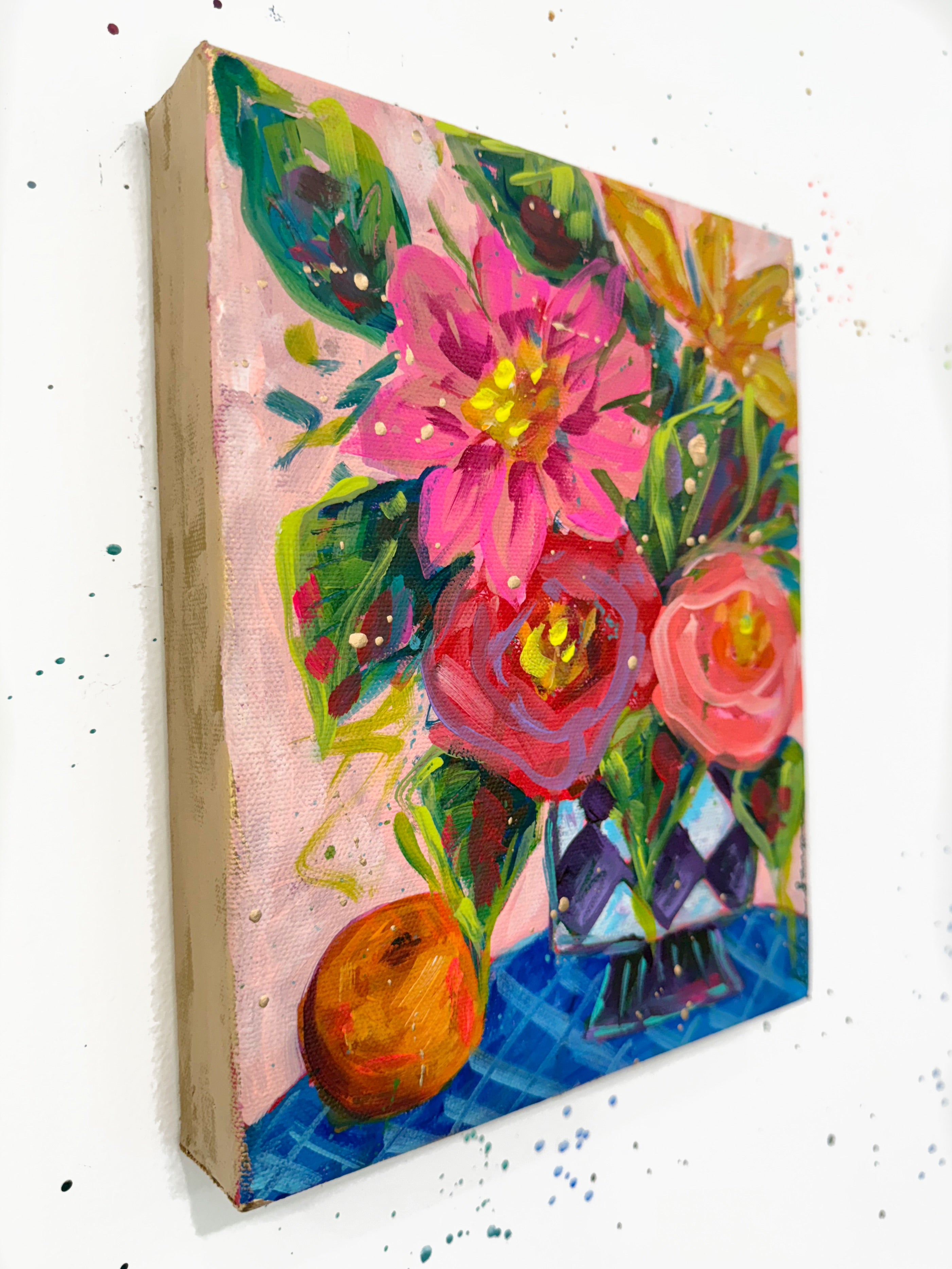 Harlequin Bouquet and Orange Original 8x10 Whimsical Painting on Canvas