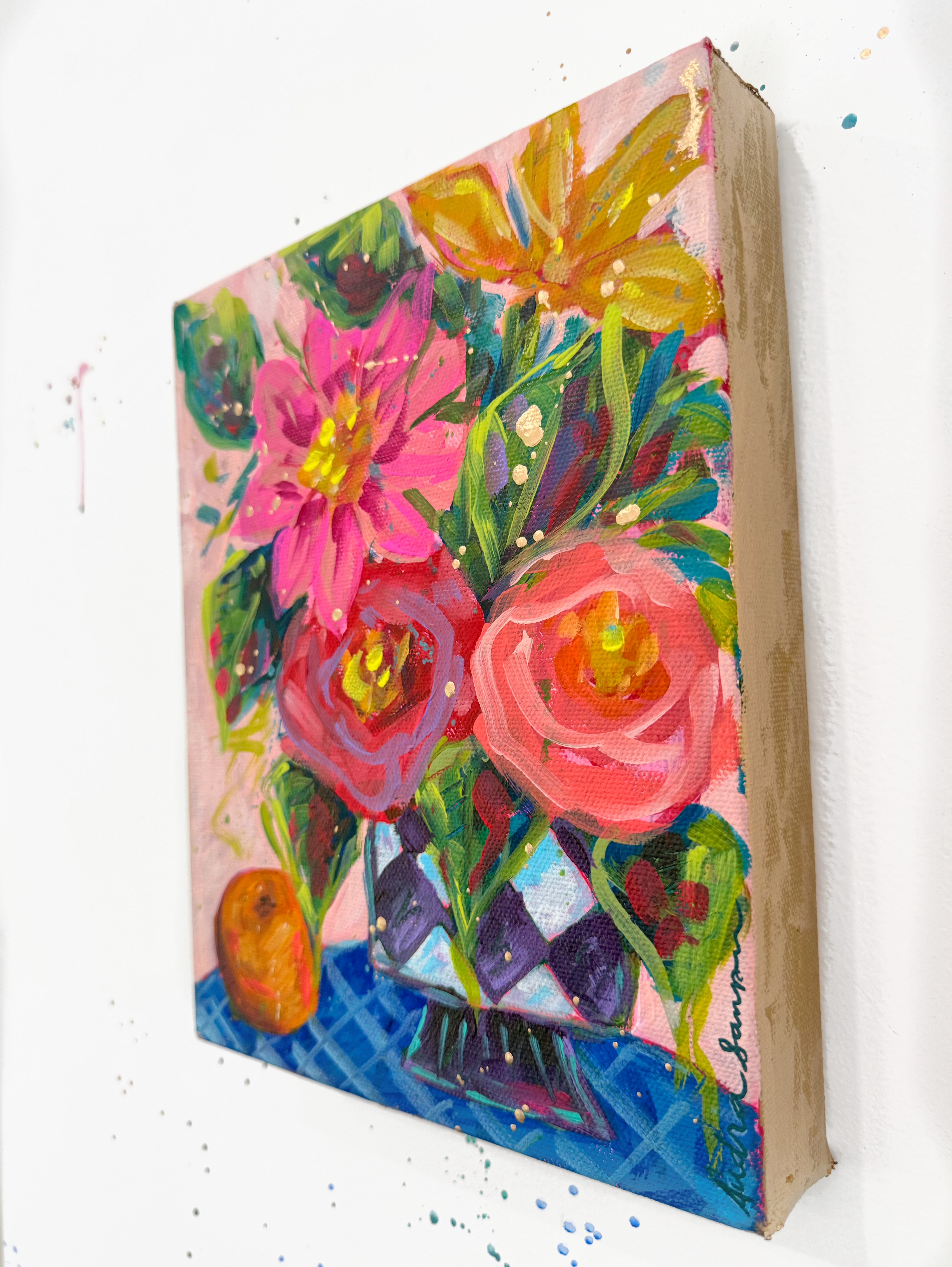 Harlequin Bouquet and Orange Original 8x10 Whimsical Painting on Canvas