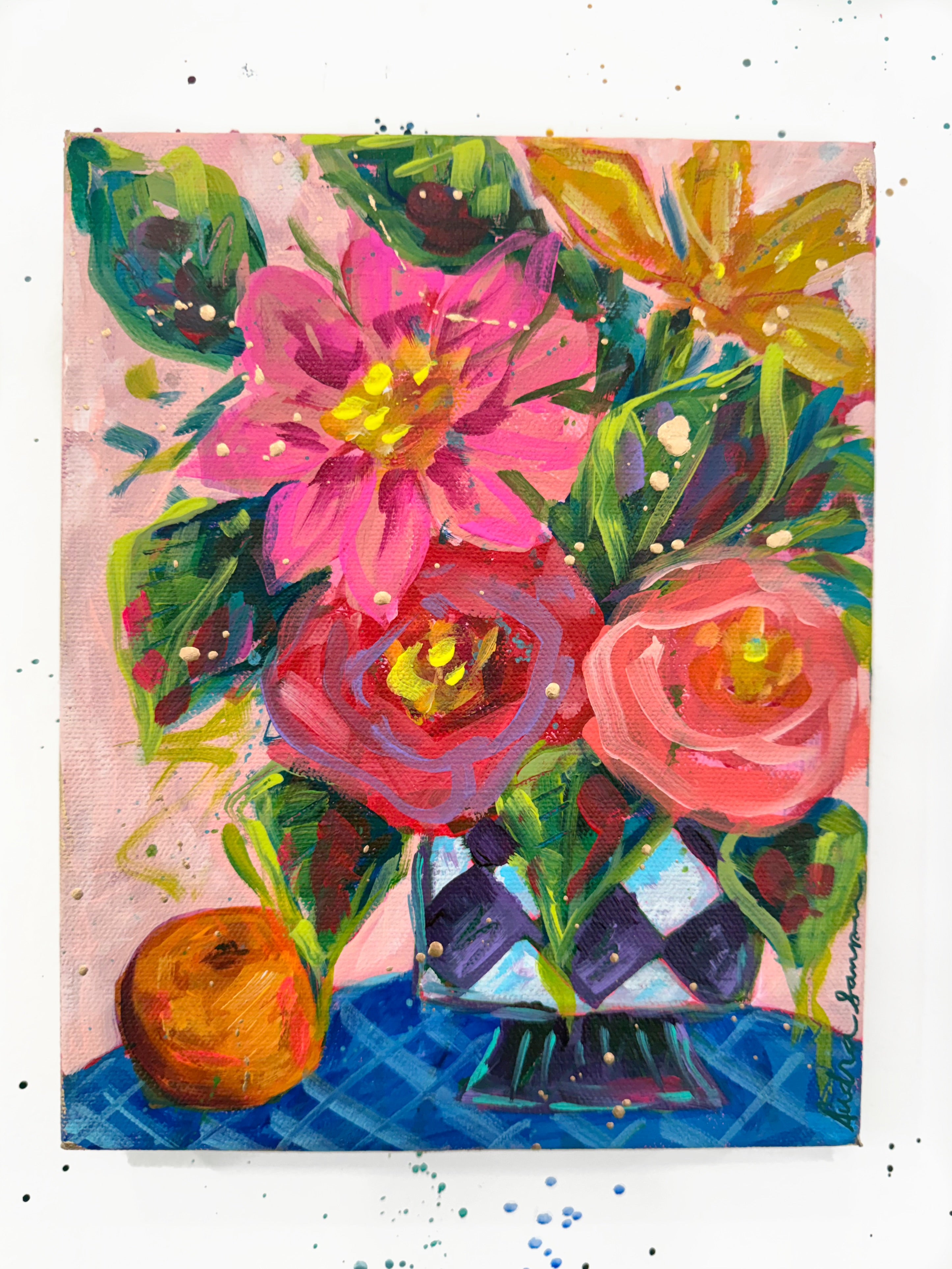Harlequin Bouquet and Orange Original 8x10 Whimsical Painting on Canvas