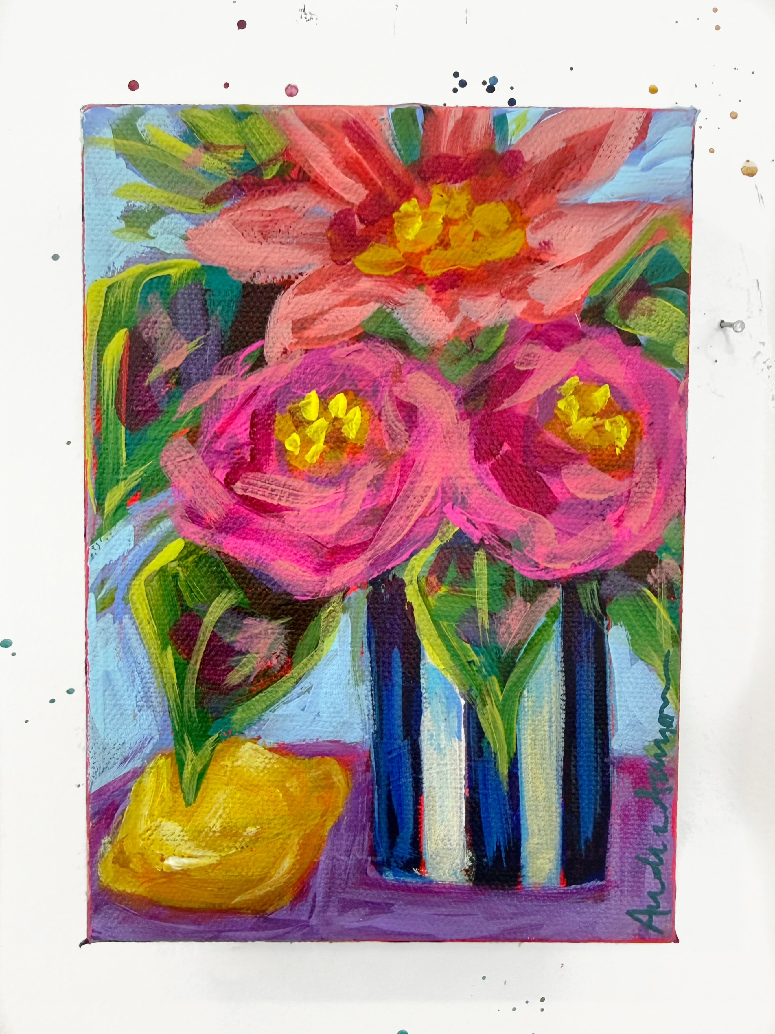 Lemon and Peonies Original Floral Painting | Whimsical Home Decor Art