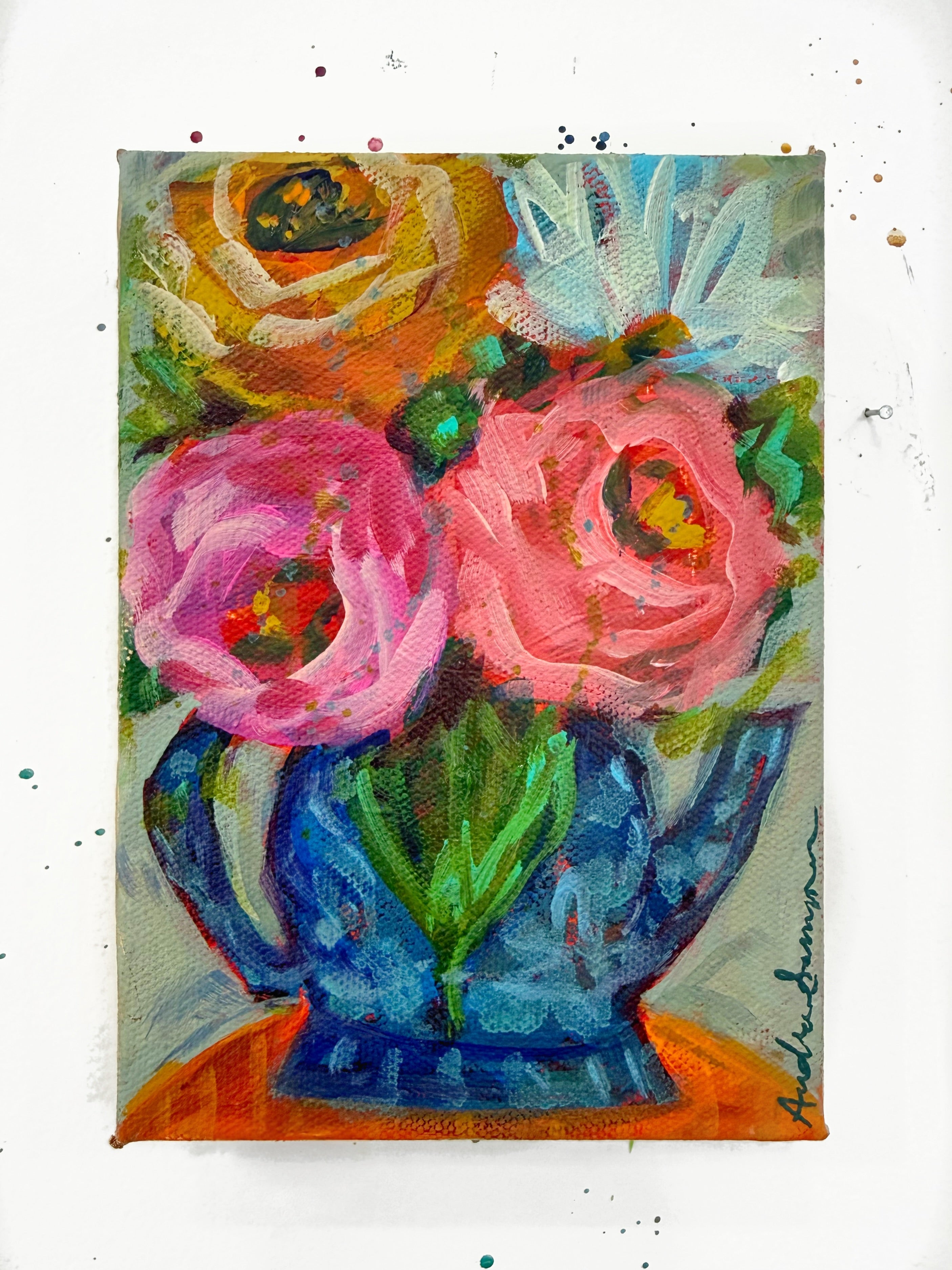 Blue Teapot Floral Original 5x7 Whimsical Painting on Canvas