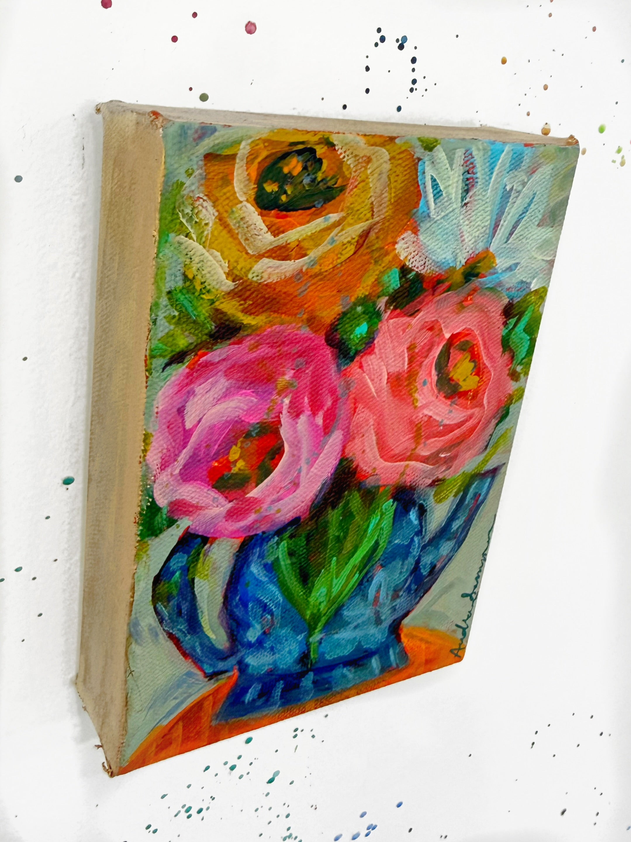 Blue Teapot Floral Original 5x7 Whimsical Painting on Canvas