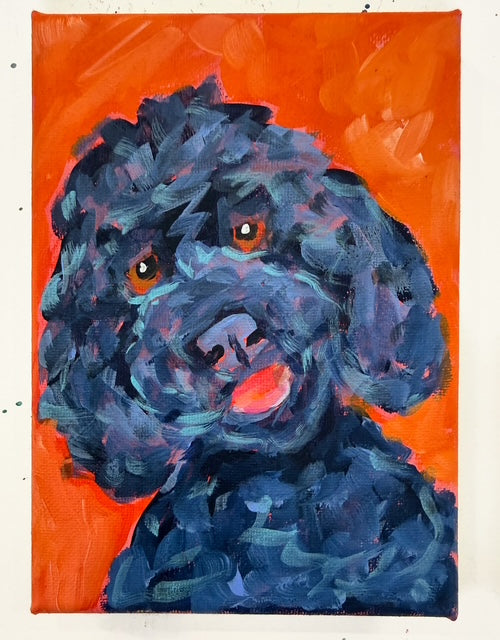 Black Doodle on Orange Original Dog Painting on Canvas