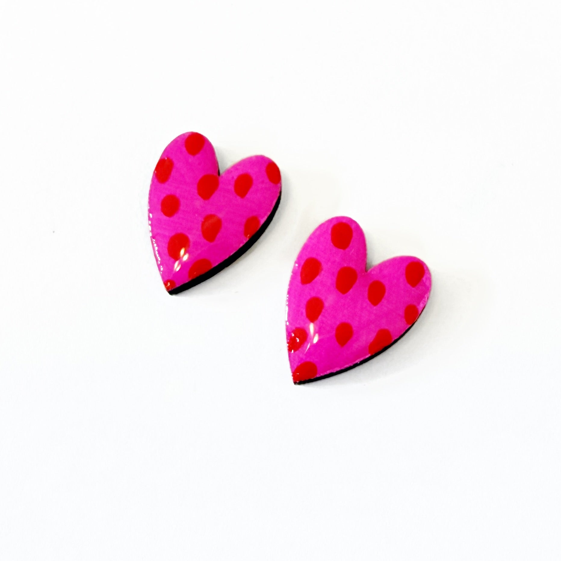 Hand Painted Pink Red Dot Heart Stud