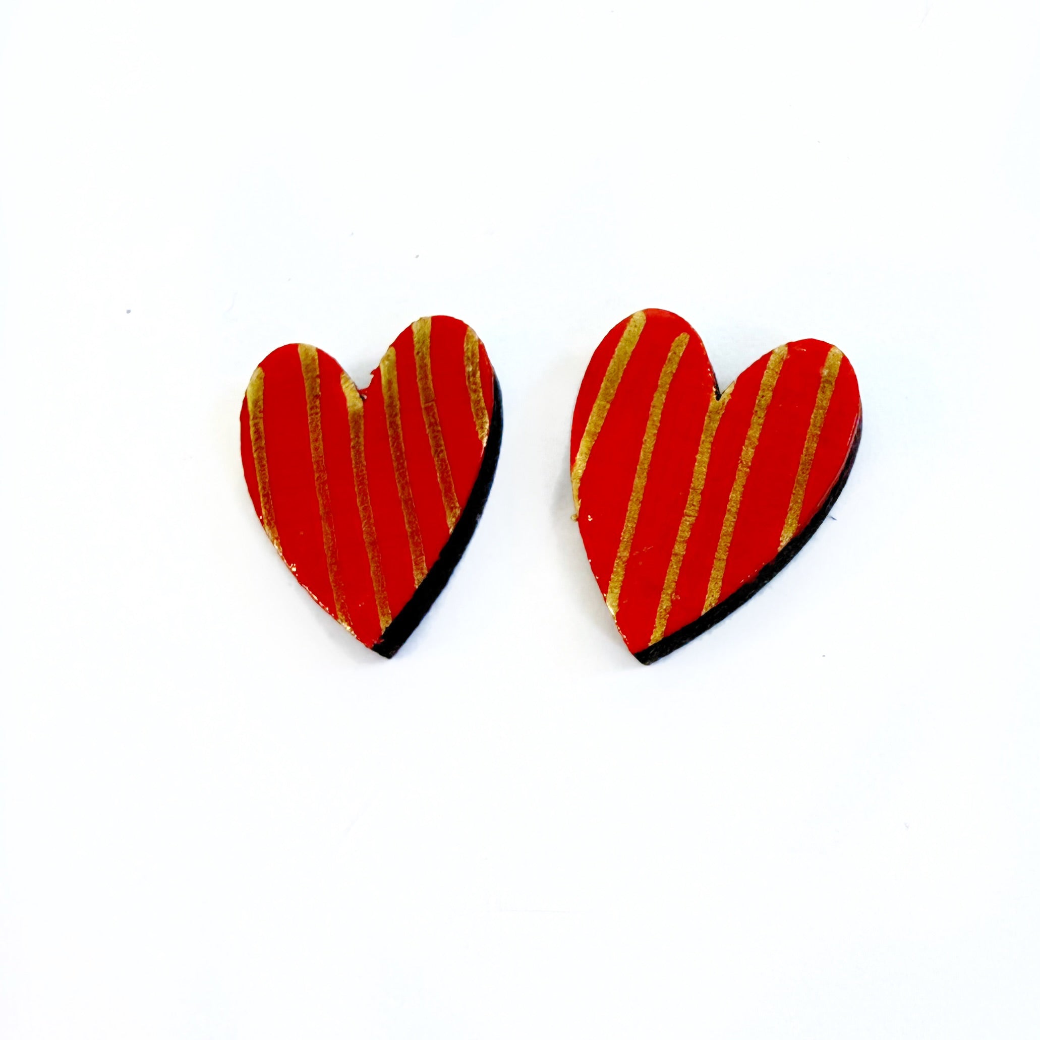 Hand Painted Red Gold Stripe Dot Heart Stud