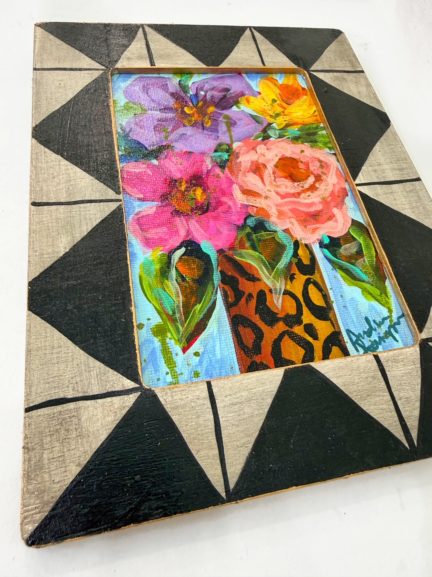 Framed Original Floral Painting on Canvas - Colorful Bouquet in Cheetah Print Vase