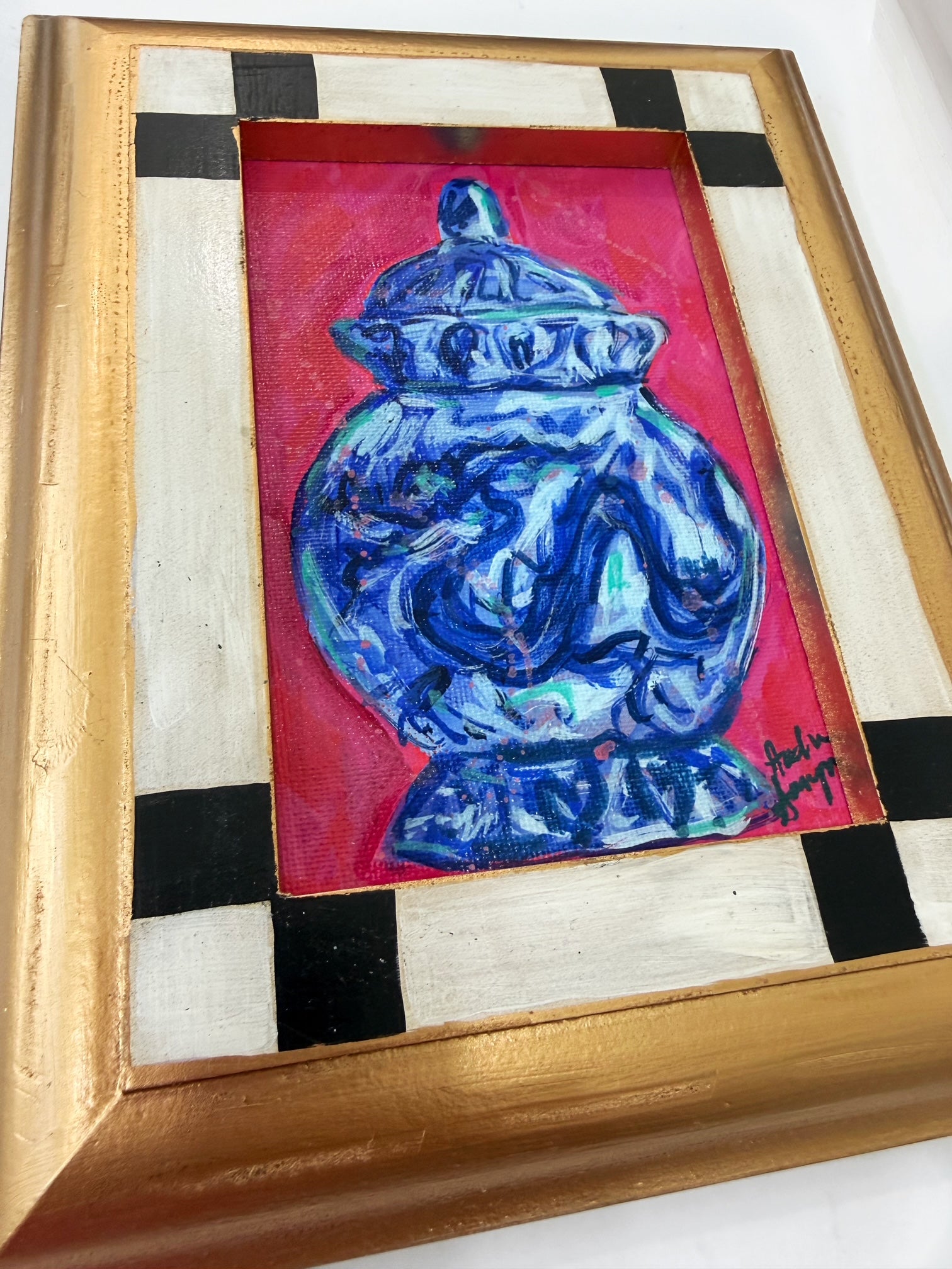 Framed Original Blue and White Chinoiserie Dragon Jar Painting on Canvas