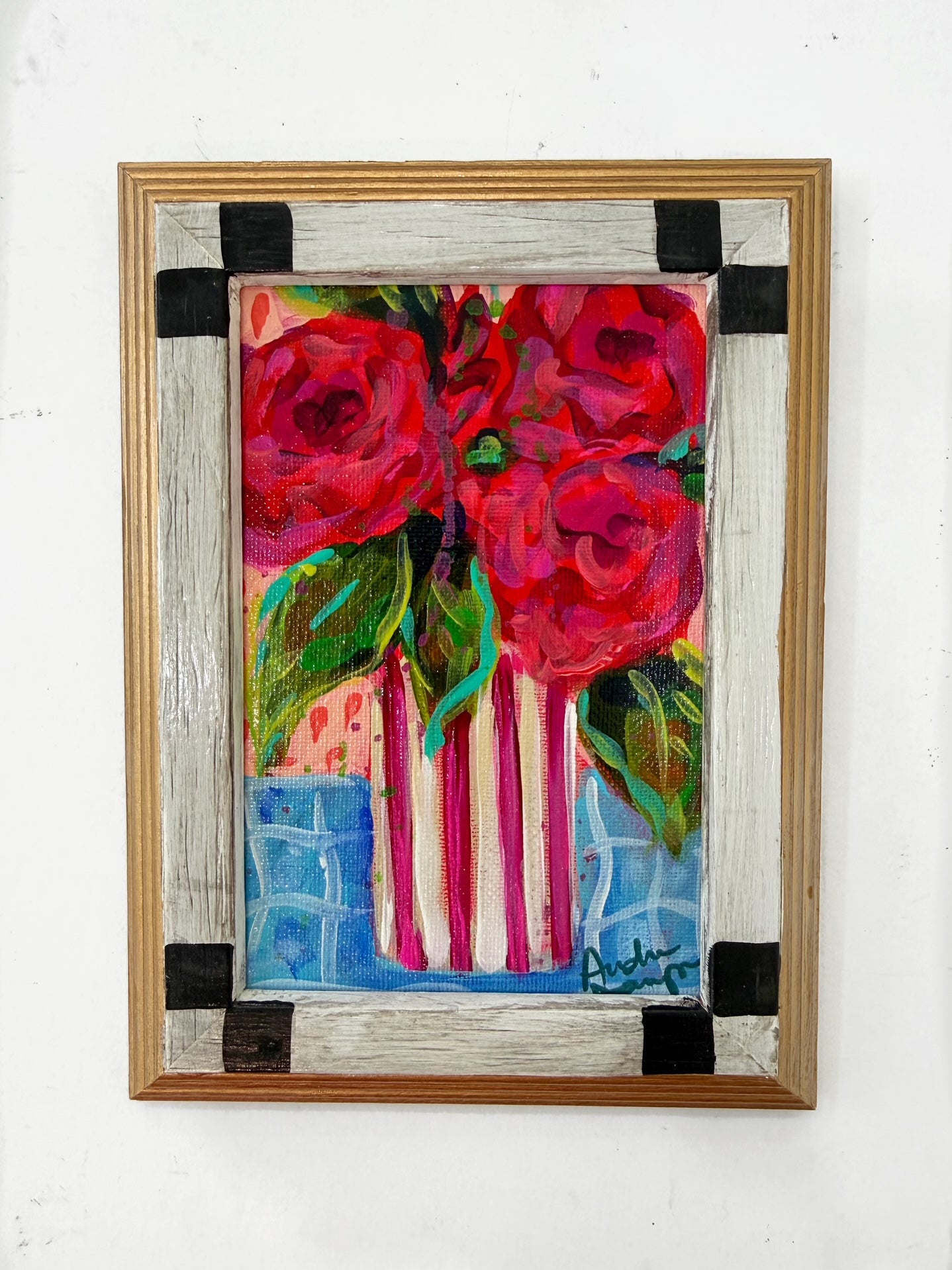 Framed Original Roses In Pink and White Striped Vase Painting on Canvas