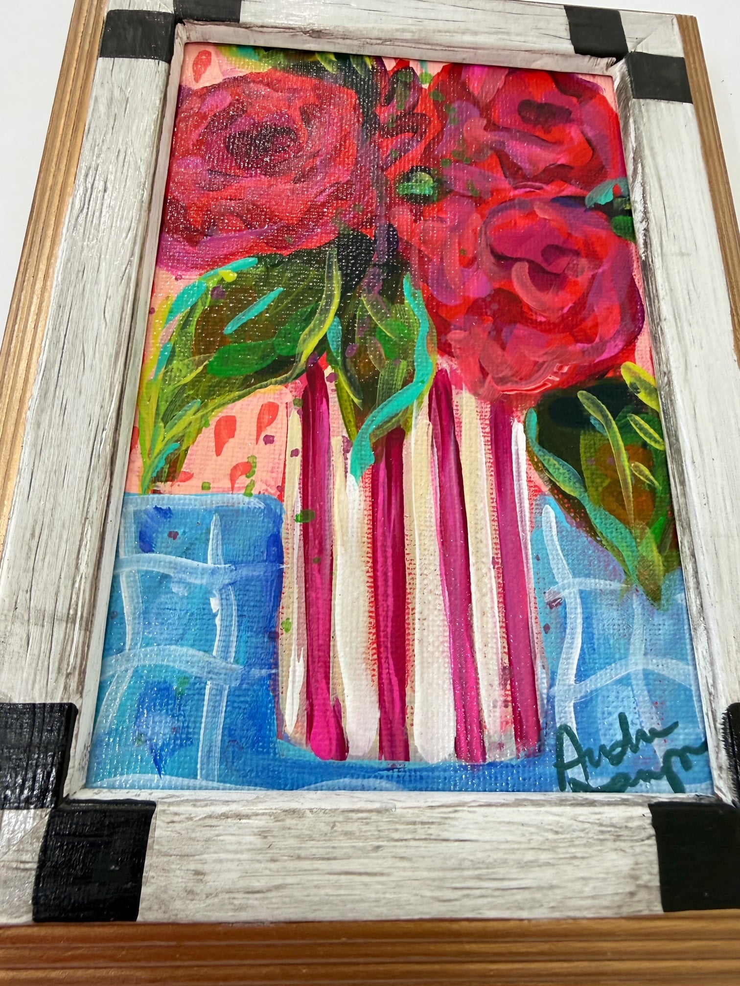 Framed Original Roses In Pink and White Striped Vase Painting on Canvas