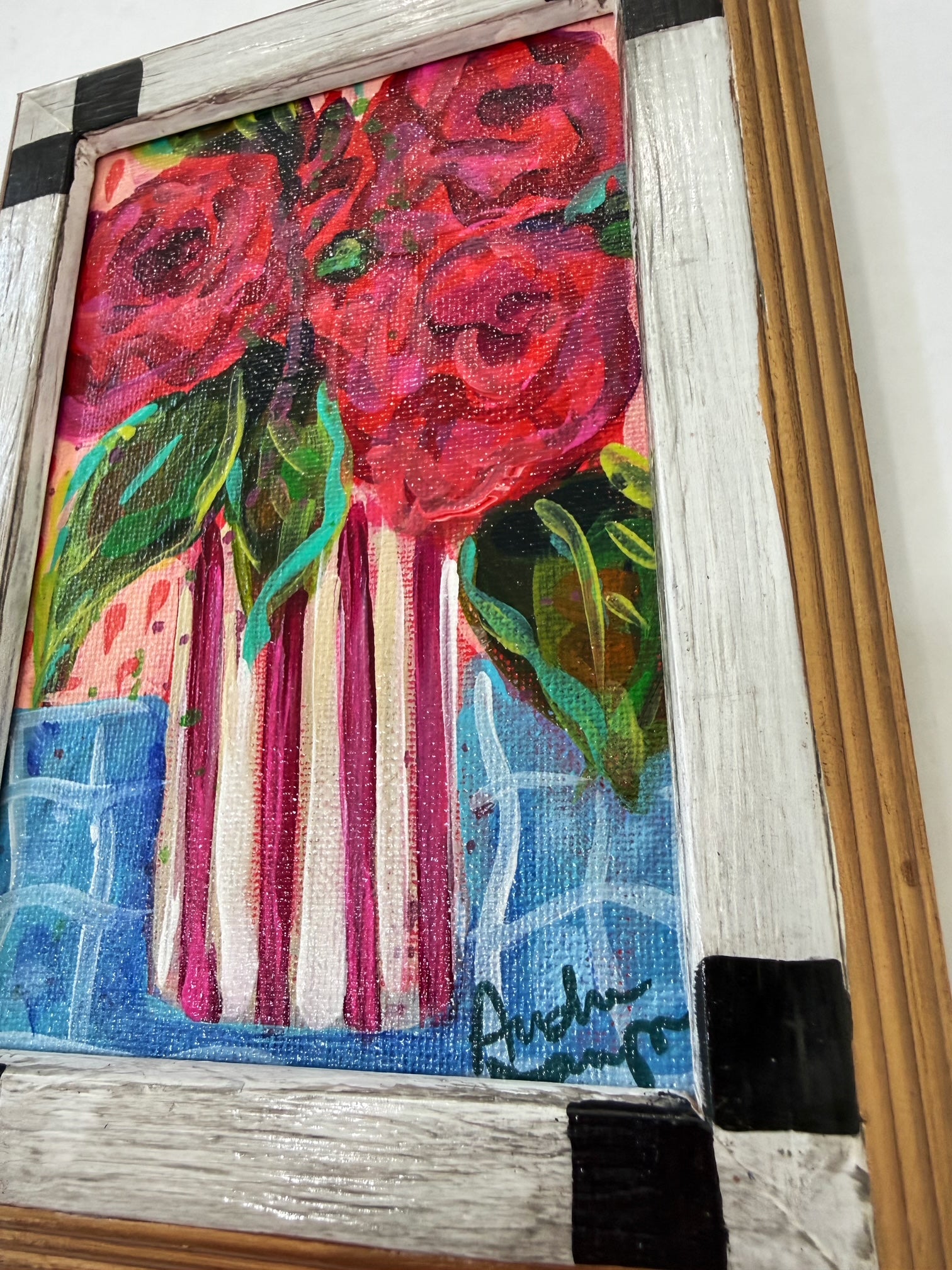 Framed Original Roses In Pink and White Striped Vase Painting on Canvas