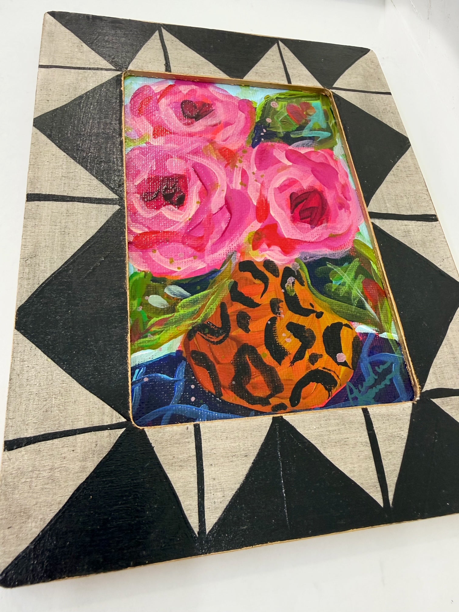 Framed Original Floral Painting on Canvas - Colorful Bouquet in Round Cheetah Print Vase