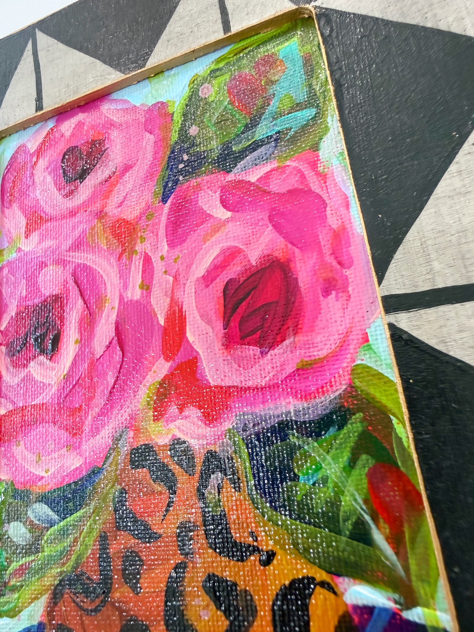 Framed Original Floral Painting on Canvas - Colorful Bouquet in Round Cheetah Print Vase