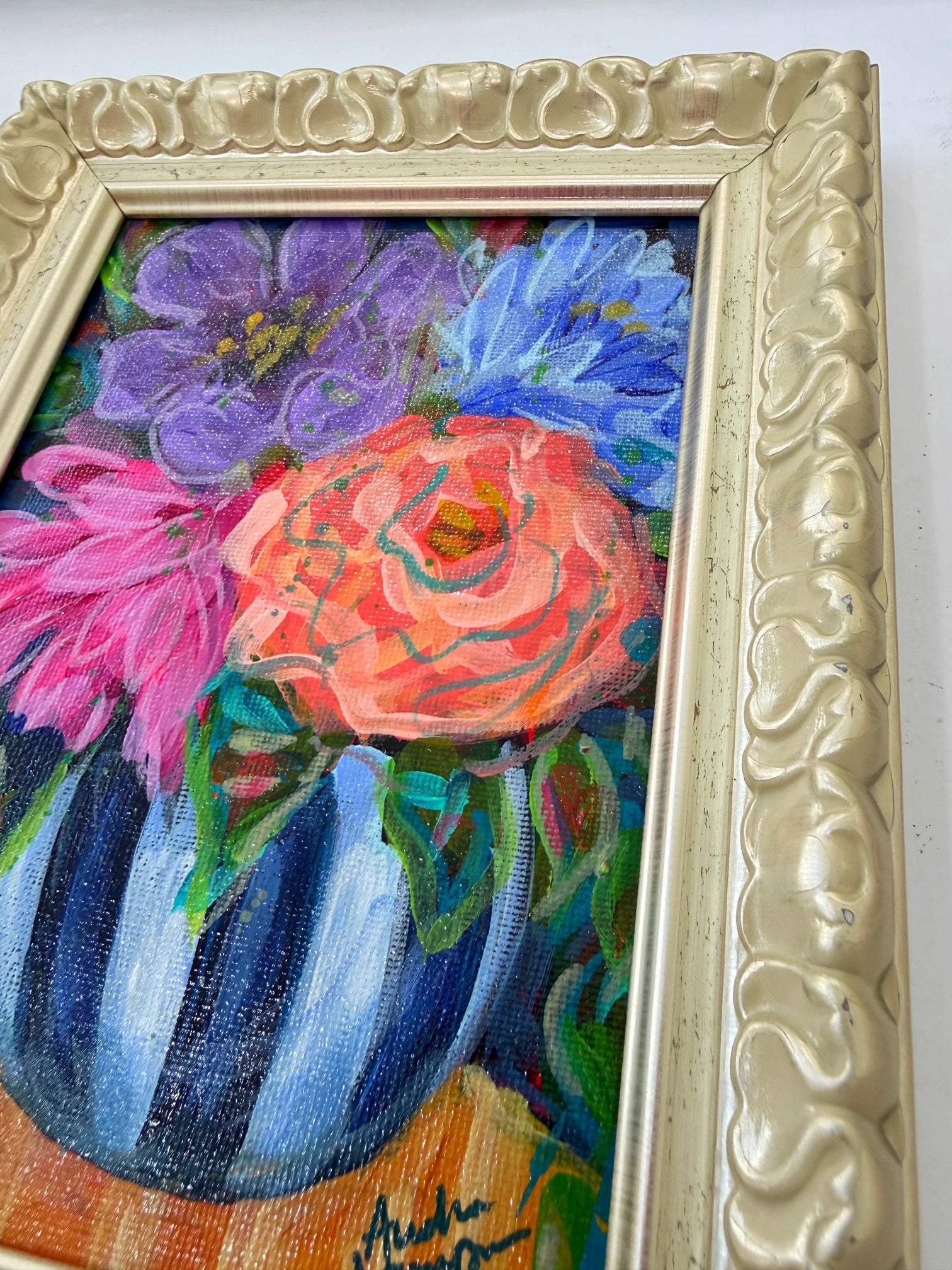 Framed Original Floral Painting on Canvas - Colorful Bouquet in Round Black and White Striped Vase