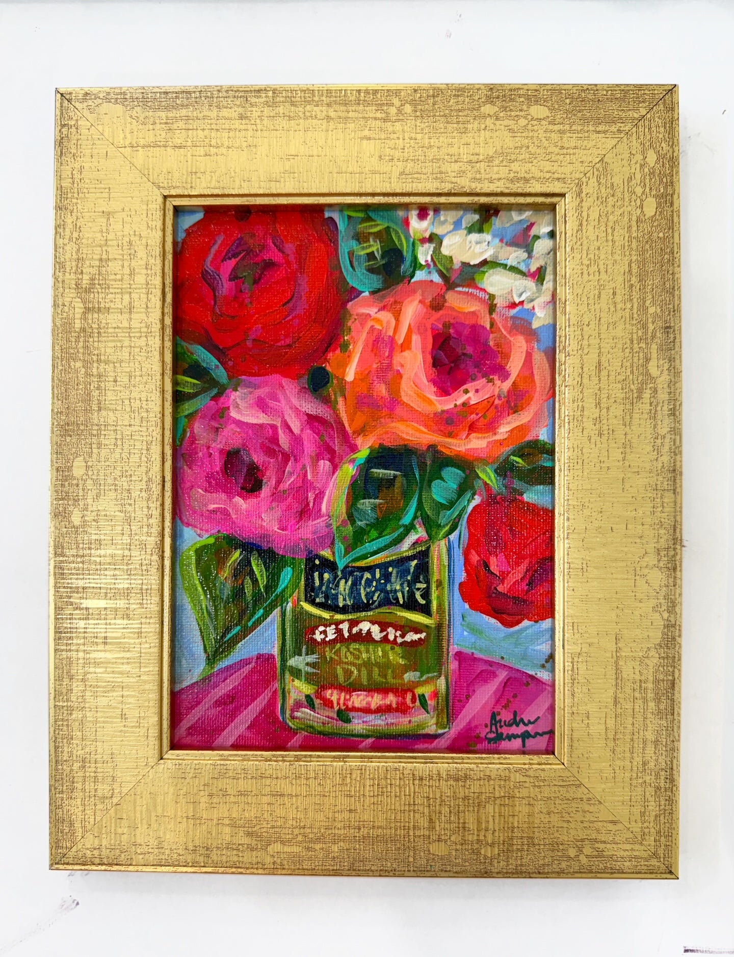 Framed Original Floral Painting on Canvas - Colorful Bouquet in a Pickle Jar