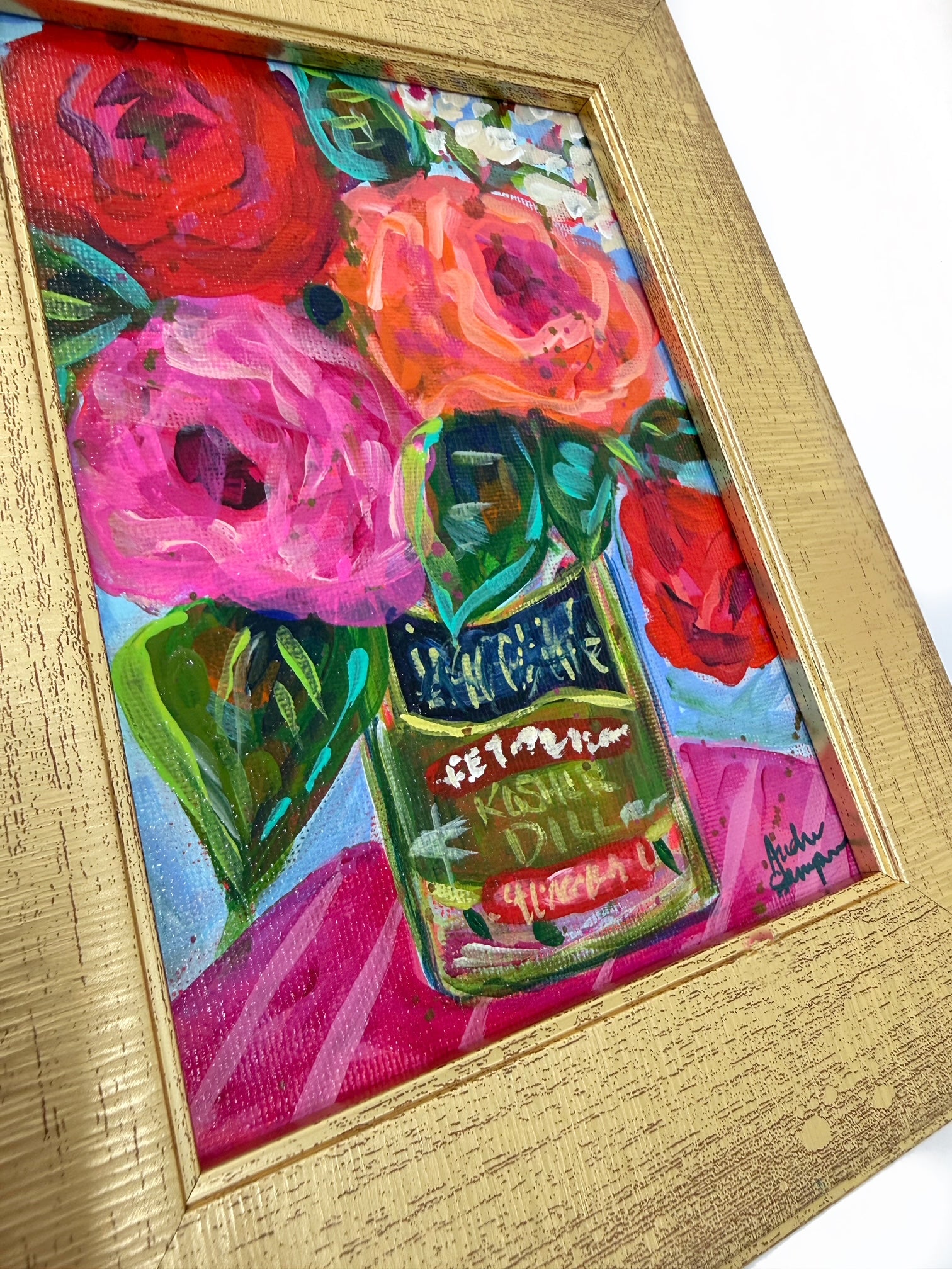 Framed Original Floral Painting on Canvas - Colorful Bouquet in a Pickle Jar