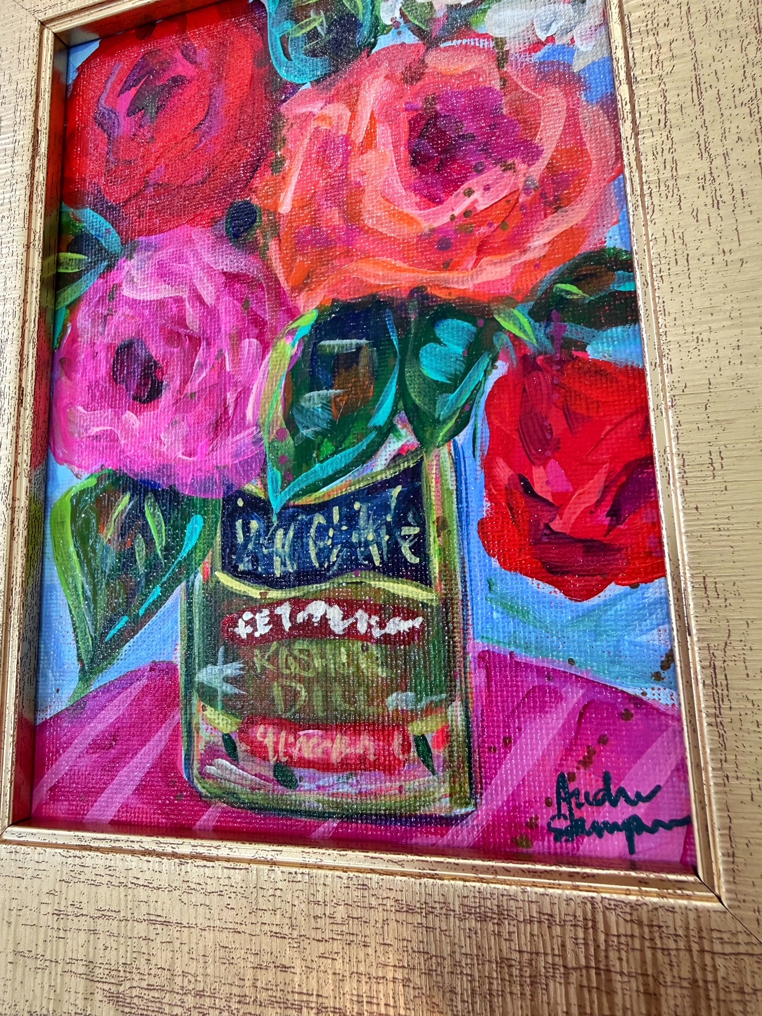 Framed Original Floral Painting on Canvas - Colorful Bouquet in a Pickle Jar