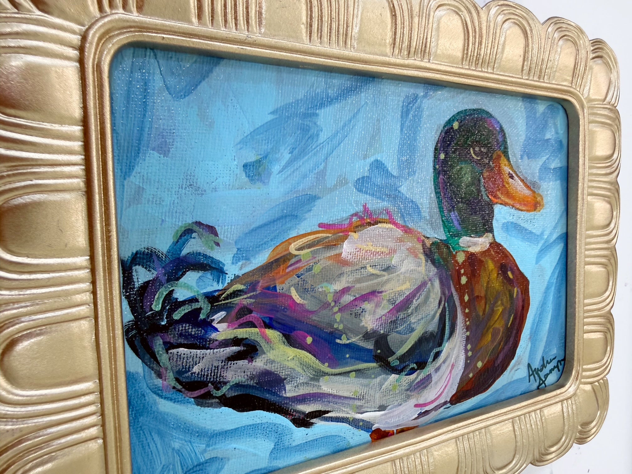 Framed Original Mallard Duck Painting on Canvas - Colorful Coastal Art