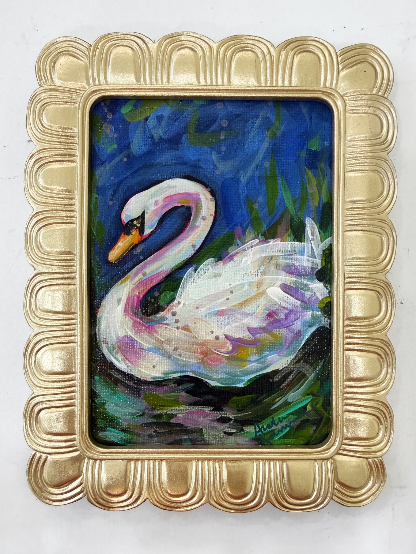 Framed Original Swan Painting on Canvas - Colorful Coastal Art