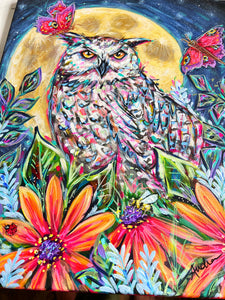 16x20 Original Owl Moon Butterfly Painting on Canvas