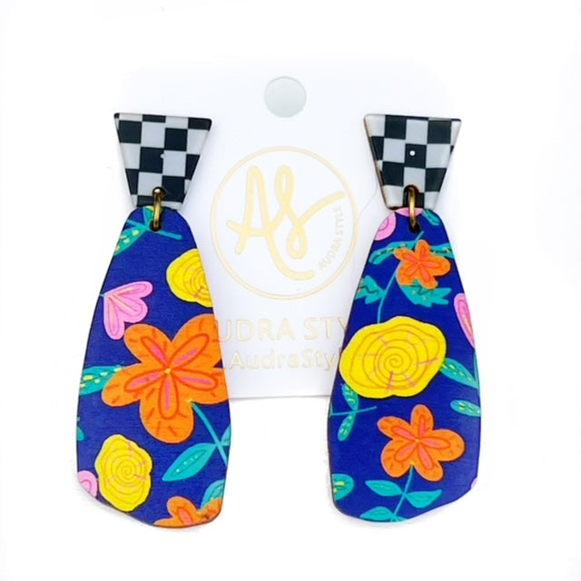 The OG - Tulip Floral Print on Navy Gingham Pattern Earring