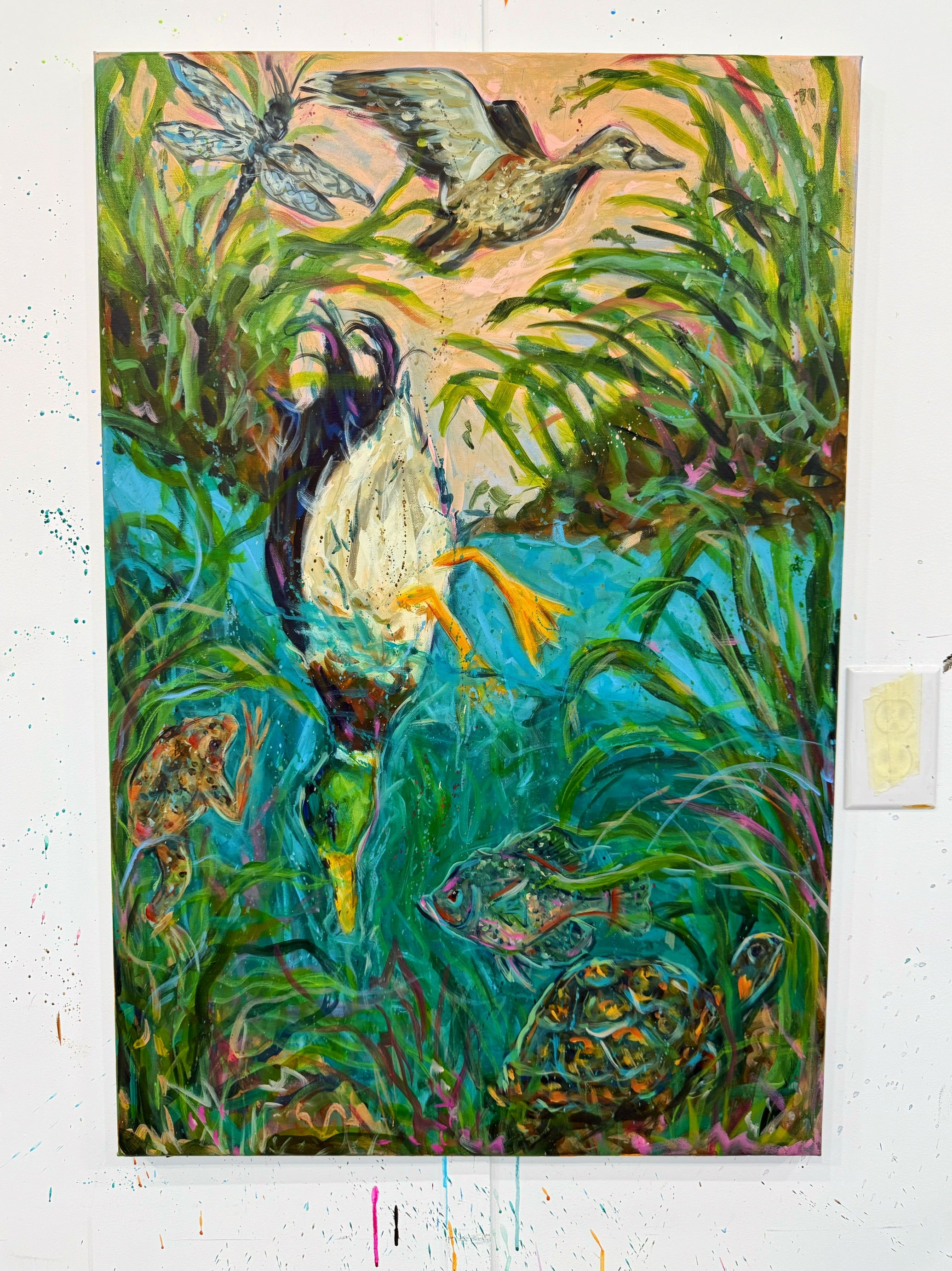 "Bottoms Up" Duck Wildlife Original Painting on Canvas 24x36"