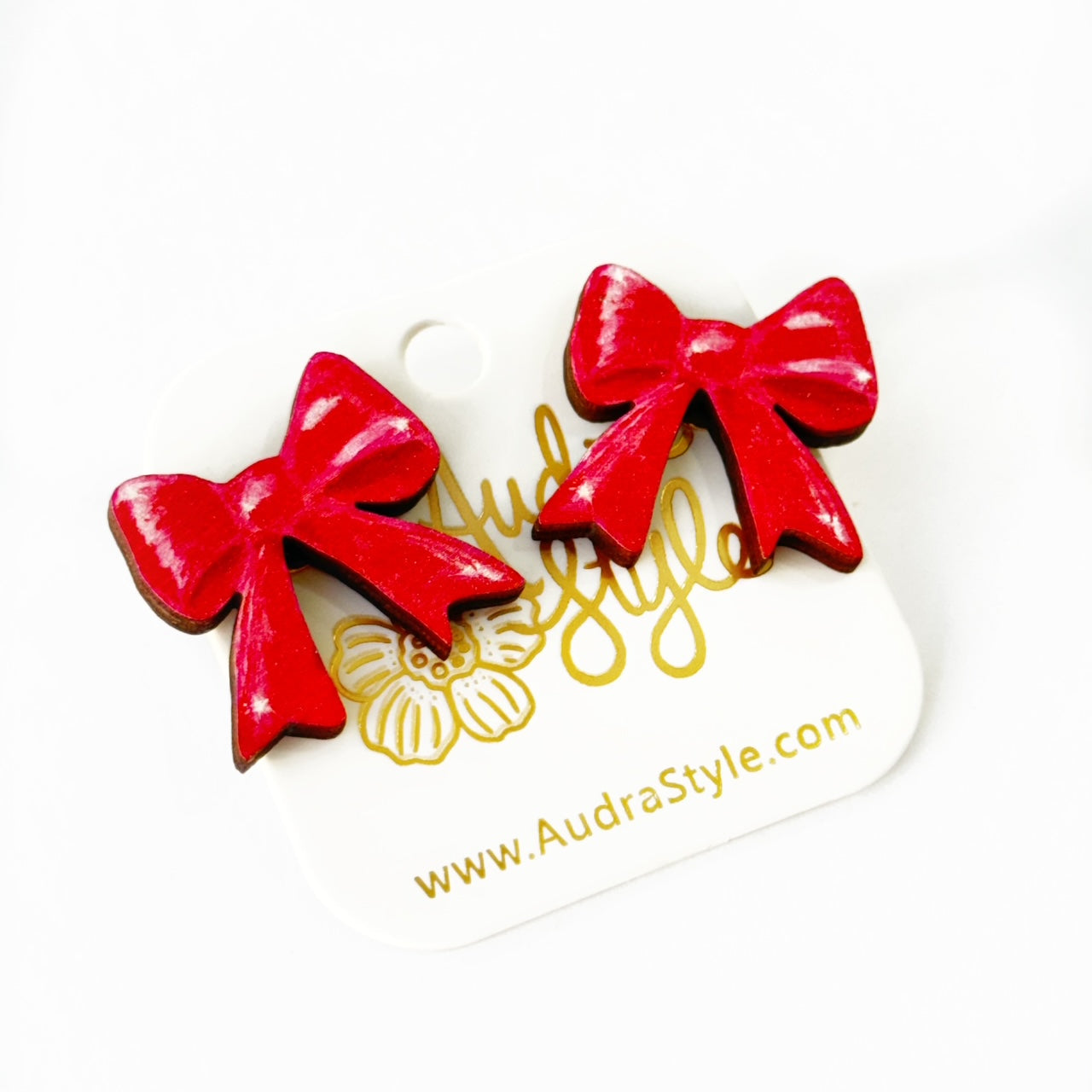 Valentine's Day Heart Stud Earrings - Red Bow